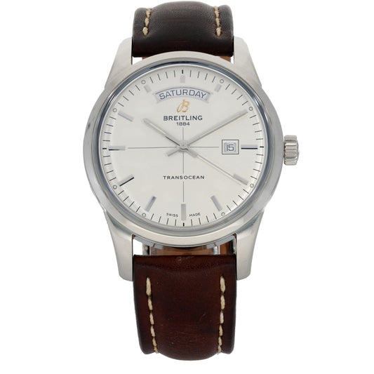Breitling Transocean A45310 Stainless steel wristwatch with white dial, brown leather strap, and date display