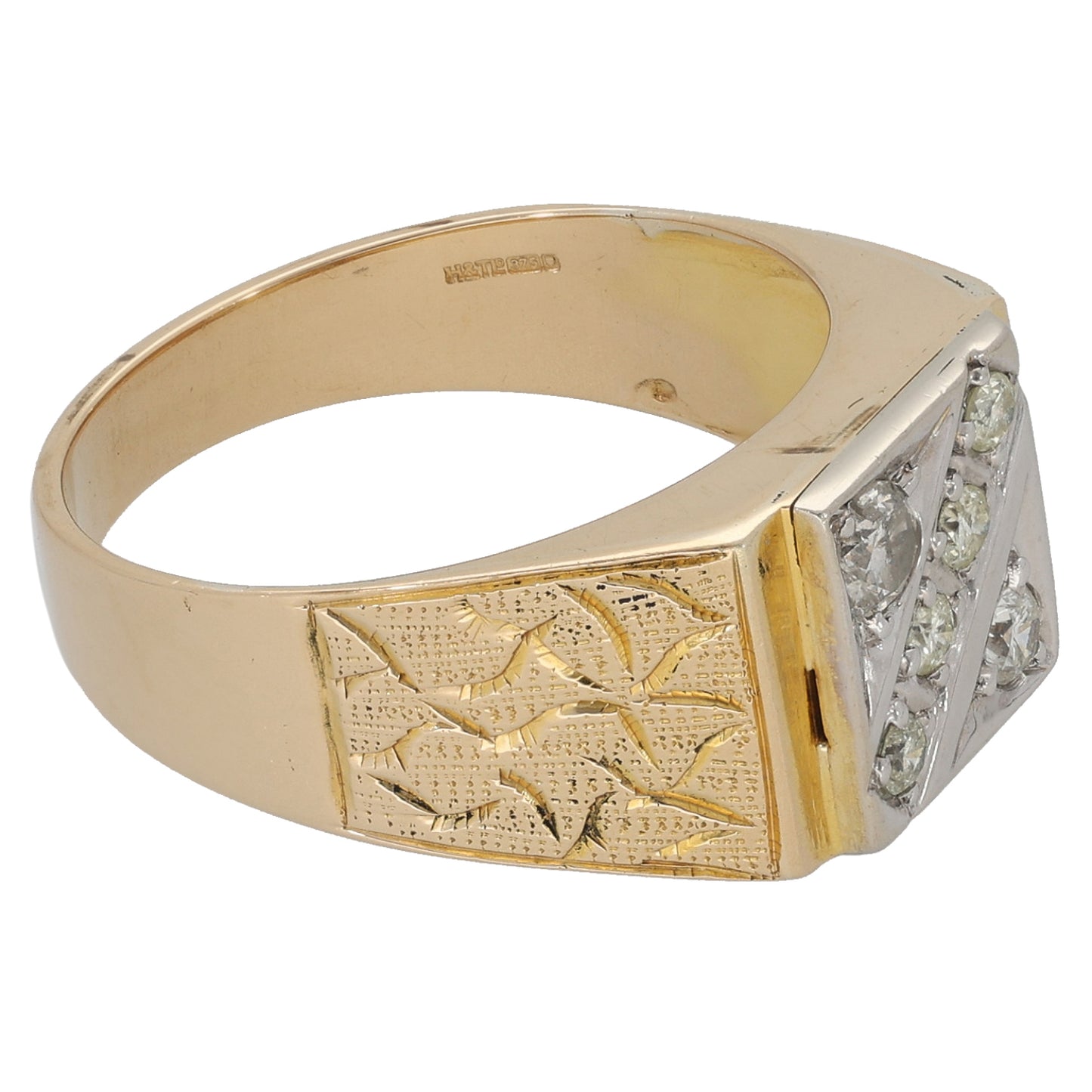 9ct Gold 0.22ct Diamond Patterned Signet Ring Size P