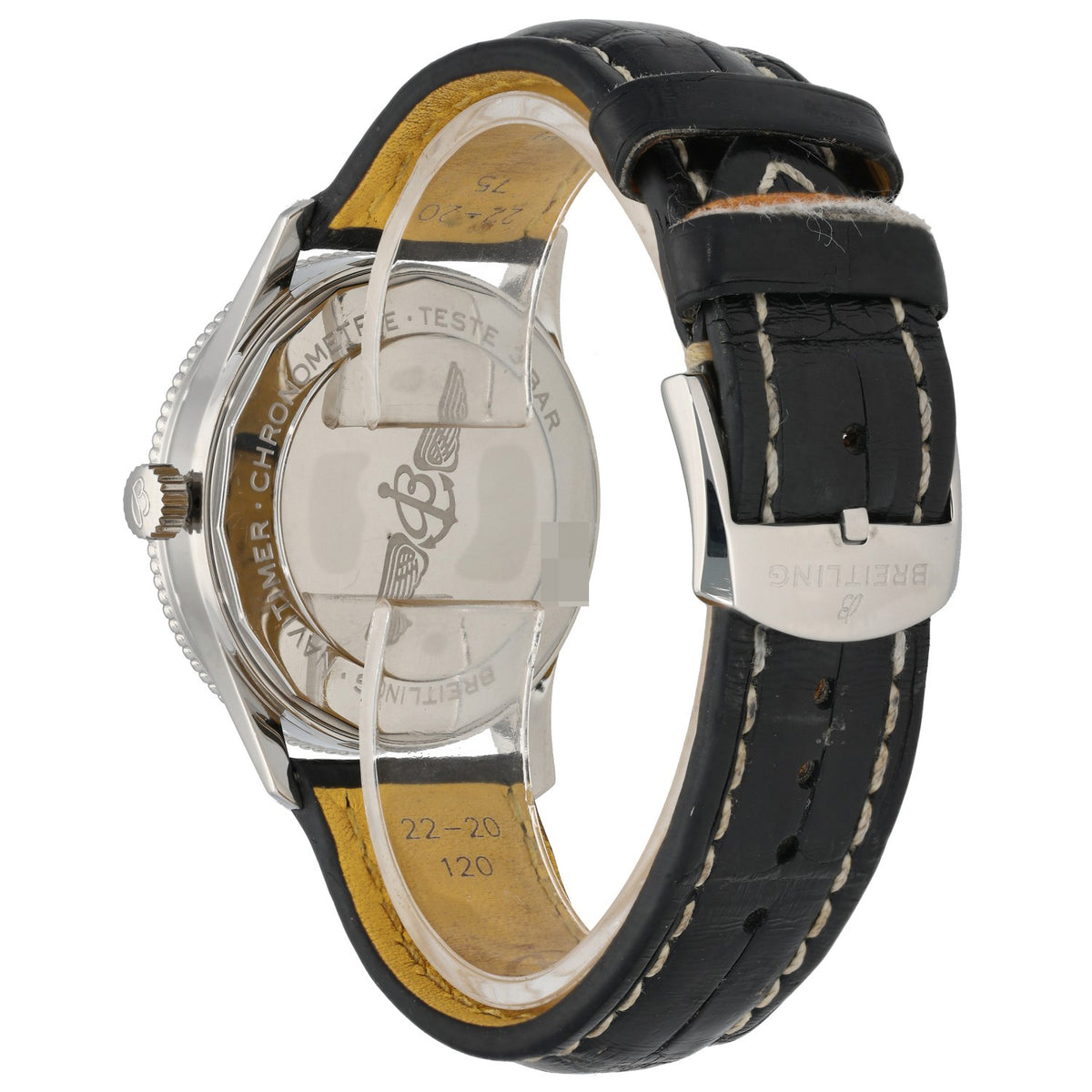 Breitling Navitimer A17326 Stainless steel watch with engraved caseback and black leather strap, side view