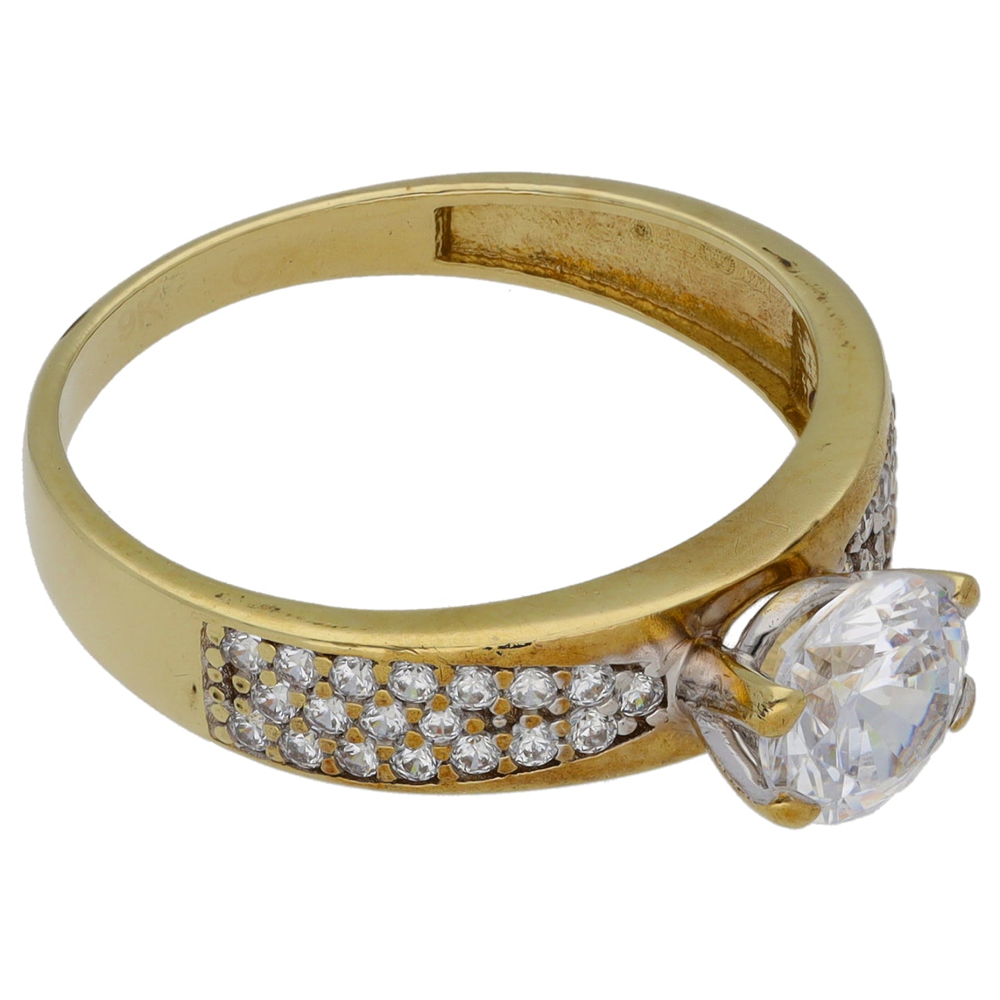 9ct Gold Cubic Zirconia Single Stone Ring with Accent Stones Size P