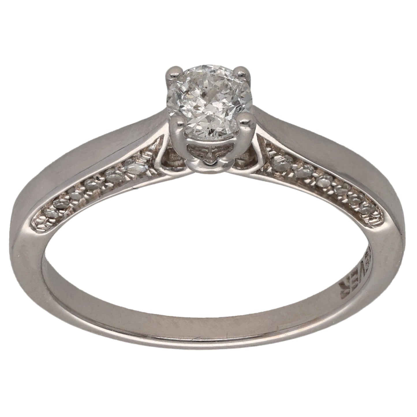 9ct white gold solitaire ring with round center diamond and side accent stones