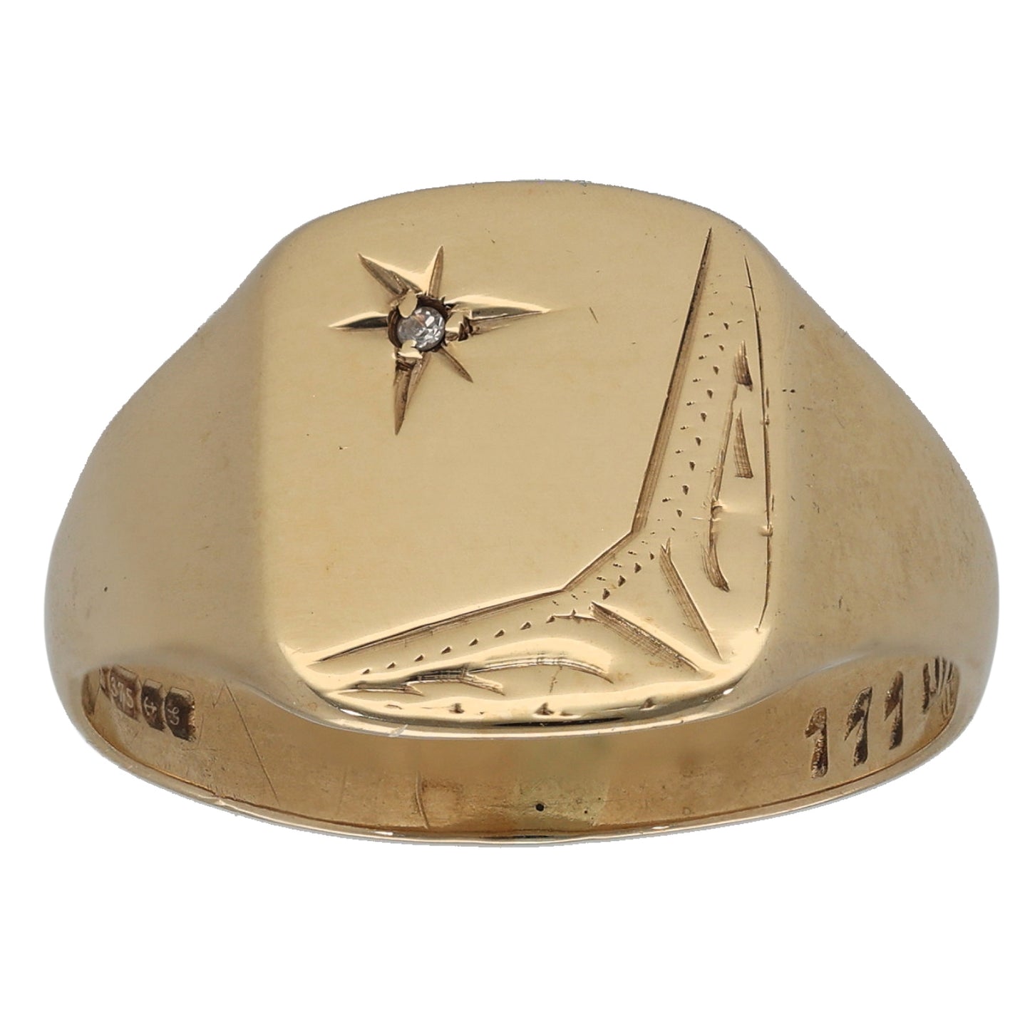 9ct Gold 0.01ct Diamond Patterned Single Stone Signet Ring Size U