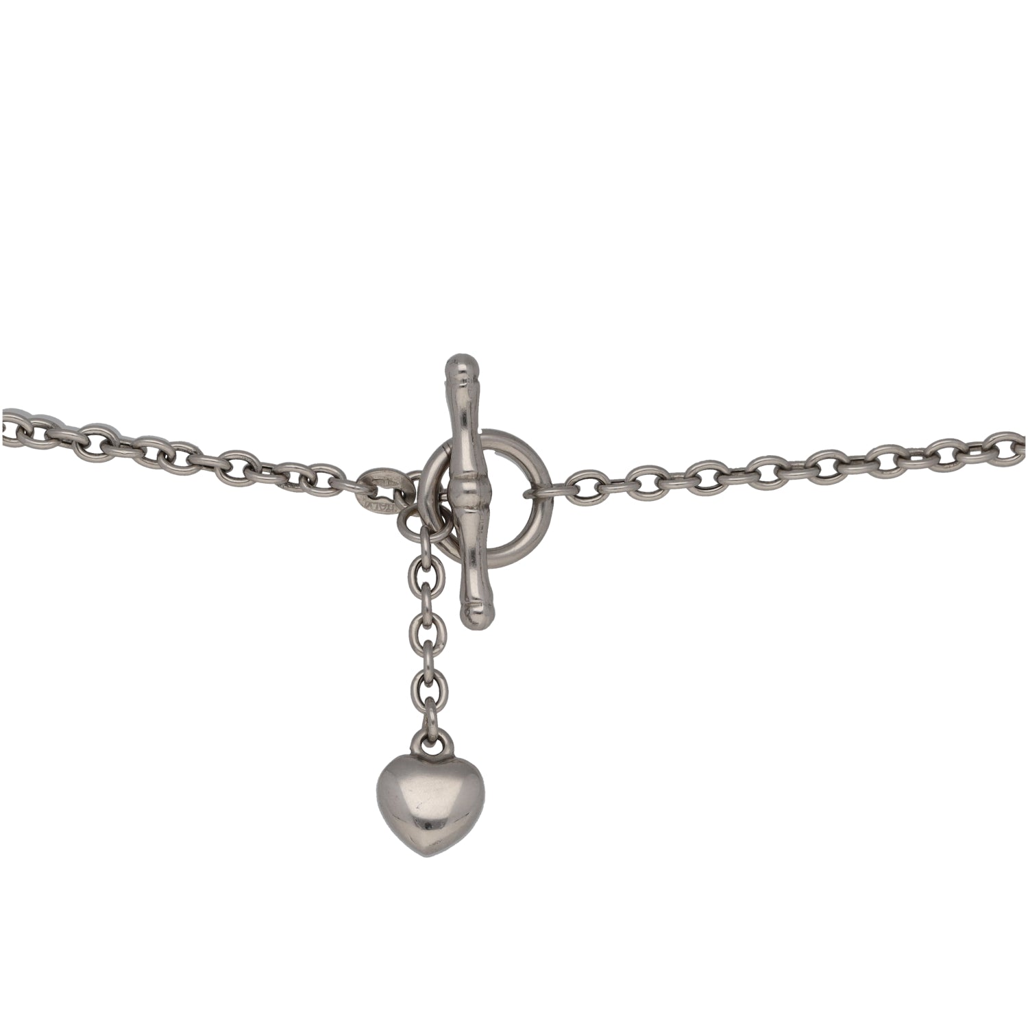 9ct white gold heart charm necklace with toggle-knot clasp and curb chain