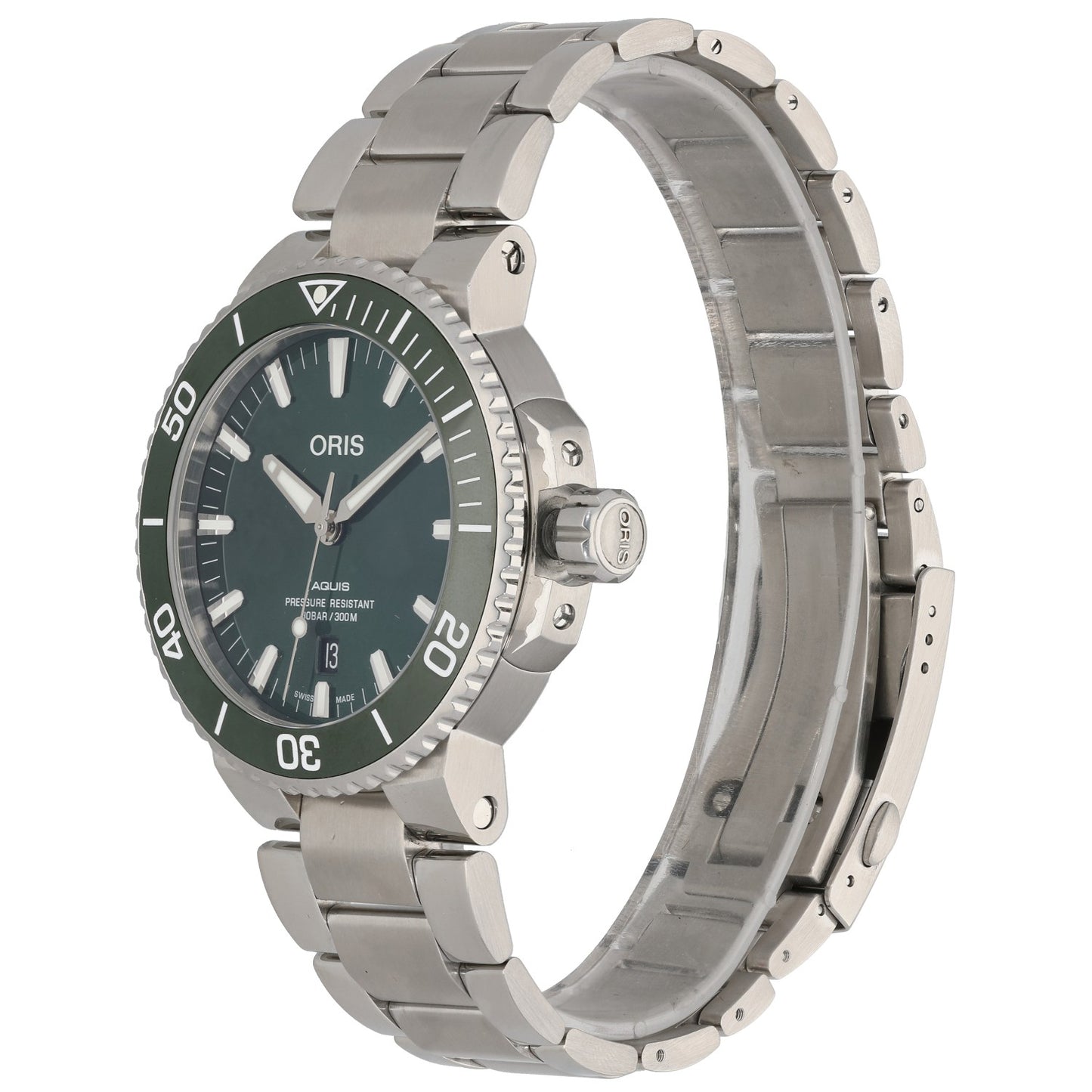 Oris Aquis 7730 Stainless steel diver watch with teal dial, rotating bezel, and linked metal bracelet