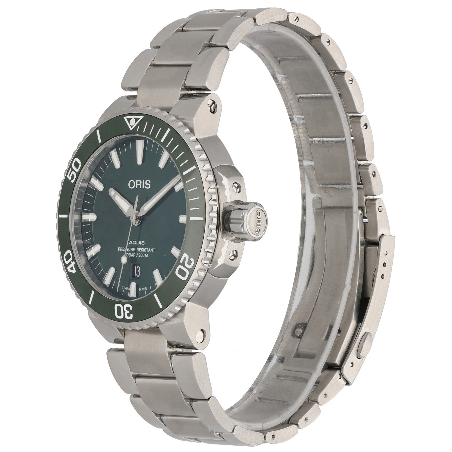 Oris Aquis 7730 Stainless steel diver watch with teal dial, rotating bezel, and linked metal bracelet