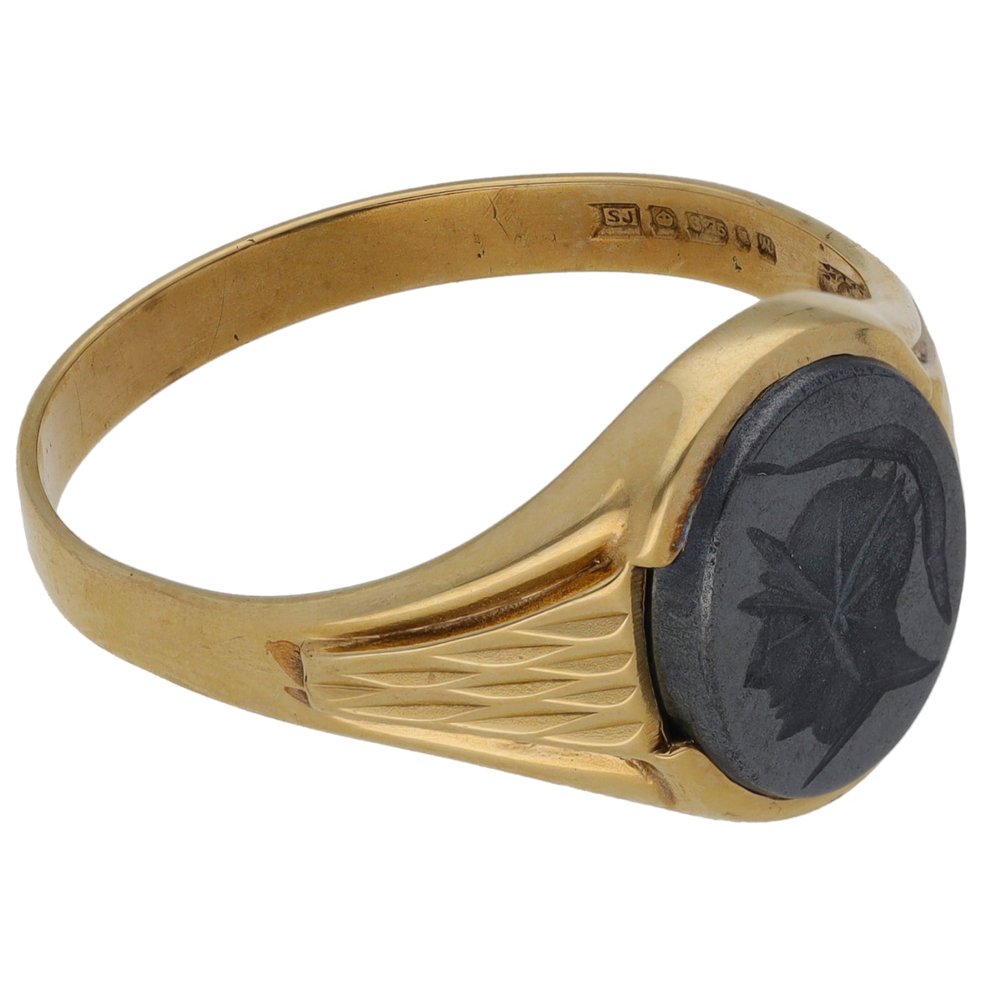 9ct Gold Hematite Crest/Emblem Single Stone Signet Ring Size W