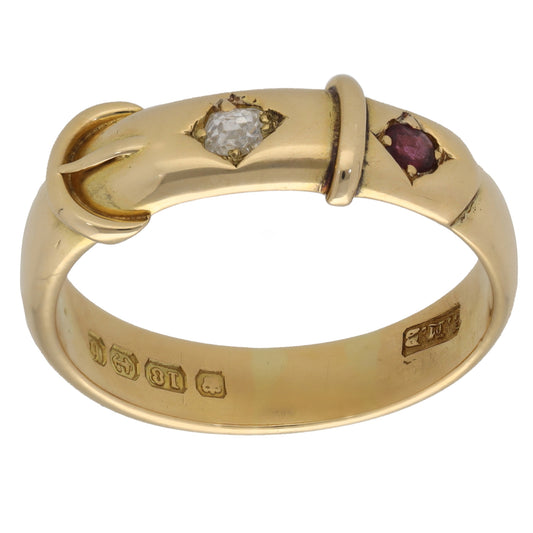 18ct Gold Ruby & 0.25ct Diamond Buckle Ring Size W