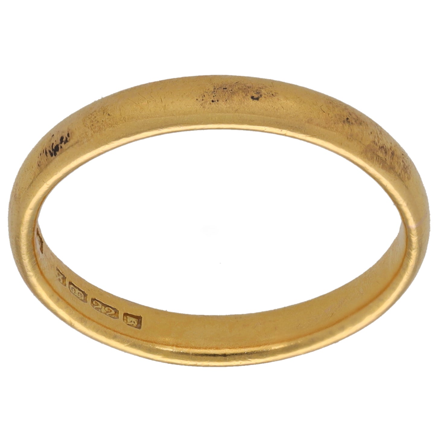 Plain 22ct gold wedding ring band, smooth profile with inner hallmark marks
