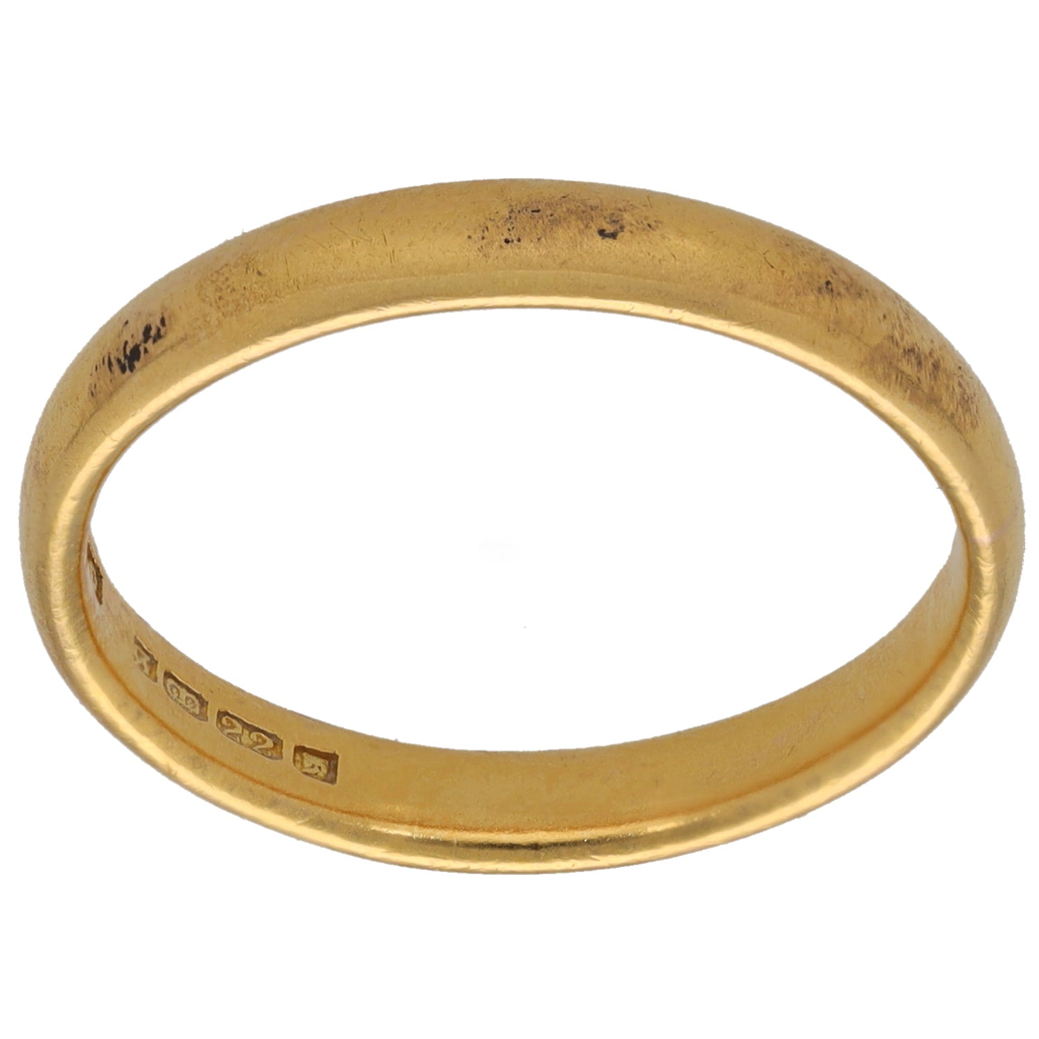Plain 22ct gold wedding ring band, smooth profile with inner hallmark marks