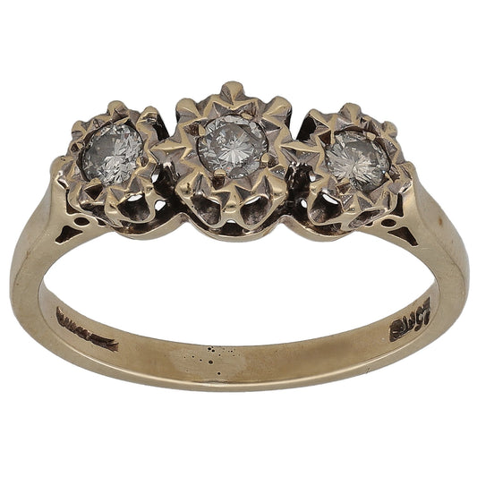 9ct gold three-stone ring with round diamond center and two side diamonds, size L