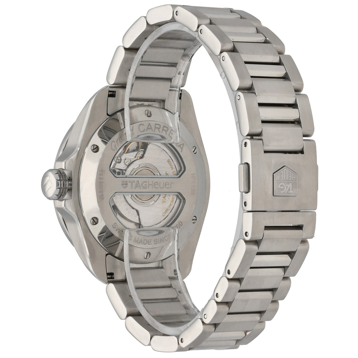Tag Heuer Carrera WAV5113 watch, stainless steel caseback with bracelet and lugs visible.