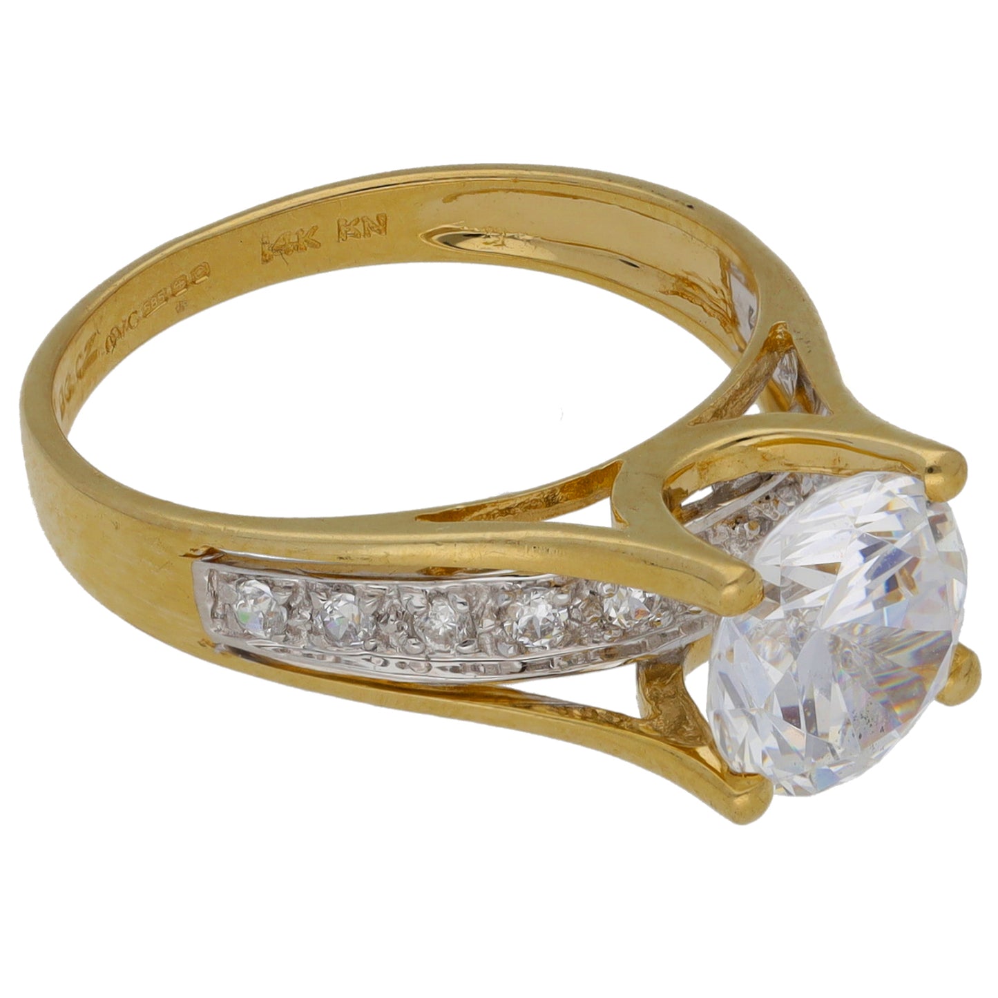 14ct Gold Cubic Zirconia Single Stone Ring with Accent Stones Size M