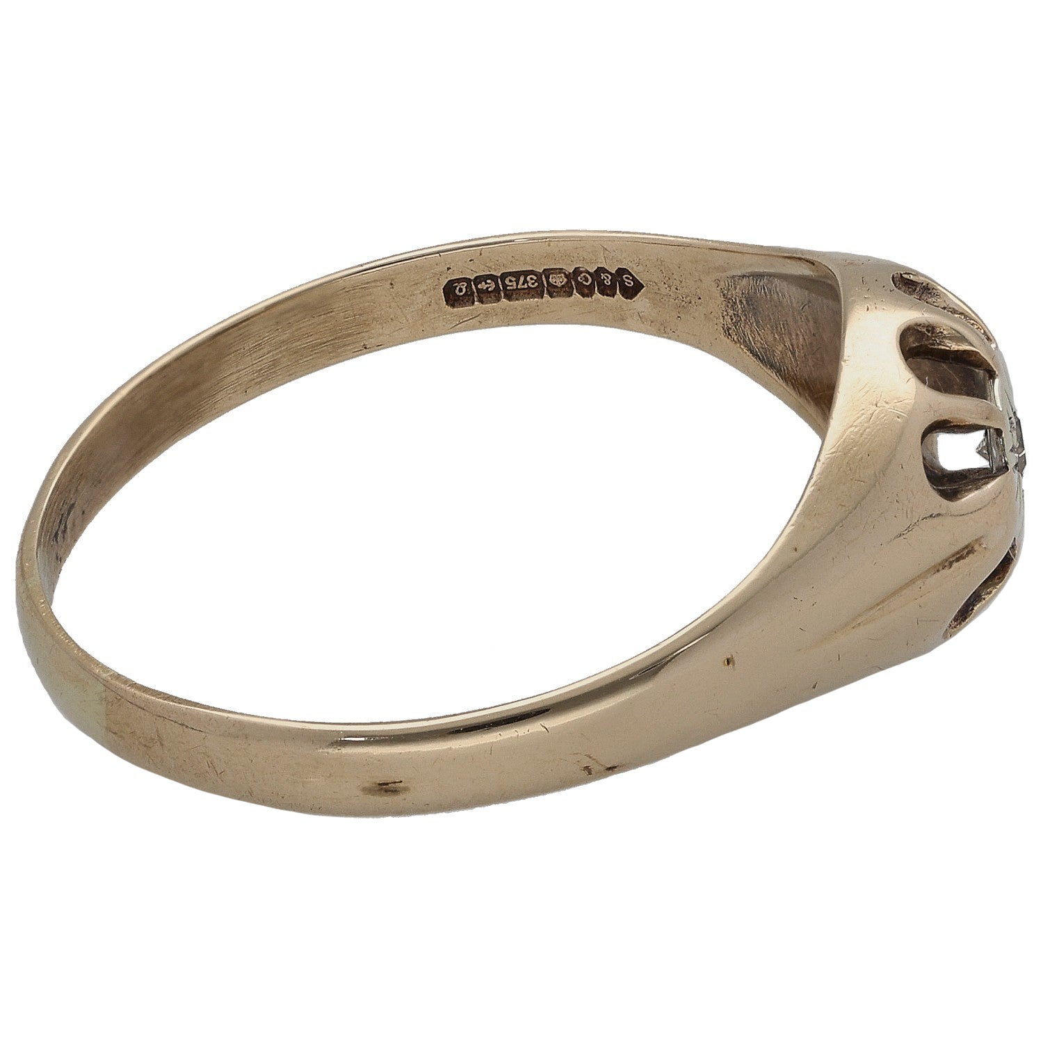 9ct gold solitaire ring band with hallmarks on the inside of the shank