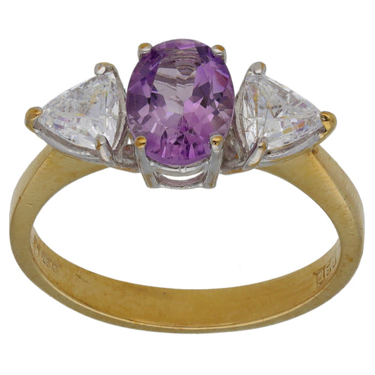 9ct Gold Amethyst & Cubic Zirconia Trilogy Ring Size O