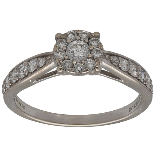 9ct white gold diamond cluster ring with round center stone and surrounding diamonds