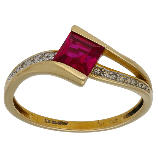 9ct Gold 0.02ct Diamond & Man Made Ruby Dress/Cocktail Ring Size M
