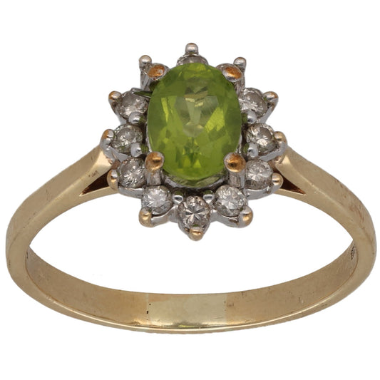 9ct Gold Peridot & 0.12ct Diamond Cluster Ring Size Q
