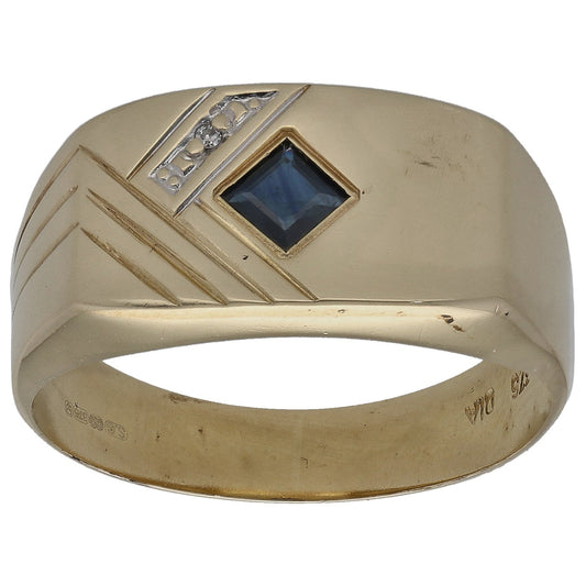 9ct Gold Sapphire & 0.005ct Diamond Patterned Signet Ring Size R
