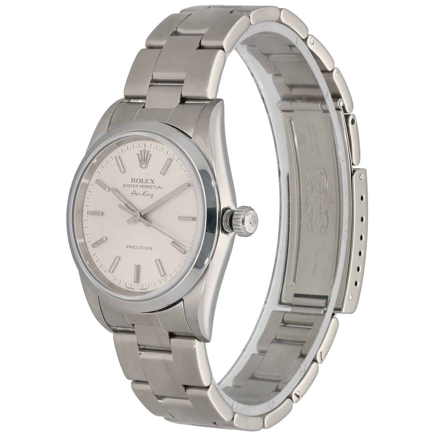 Stainless steel Rolex Air King 14000 wristwatch angled view with crown and metal bracelet