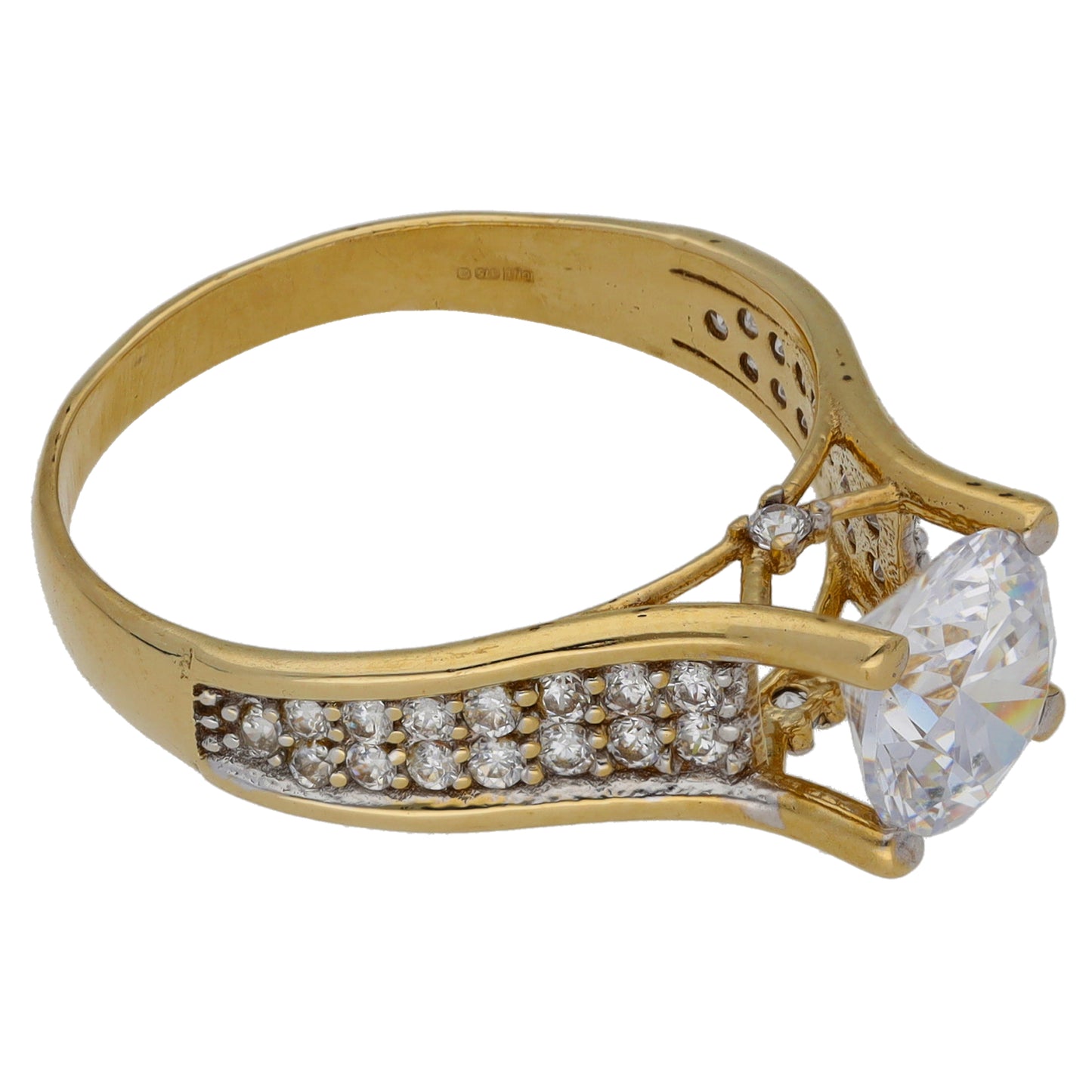 9ct Gold Cubic Zirconia Single Stone Ring with Accent Stones Size P