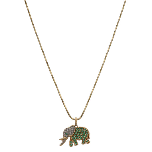 14ct Gold Emerald & 0.03ct Diamond Elephant Pendant With Chain