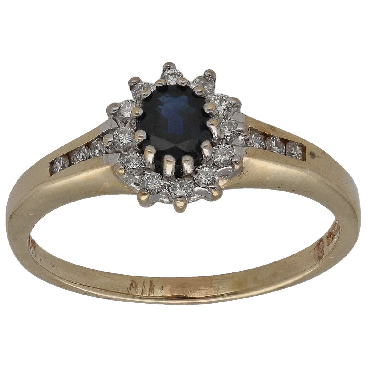 9ct gold ring with dark round center stone, diamond halo and ornate prongs