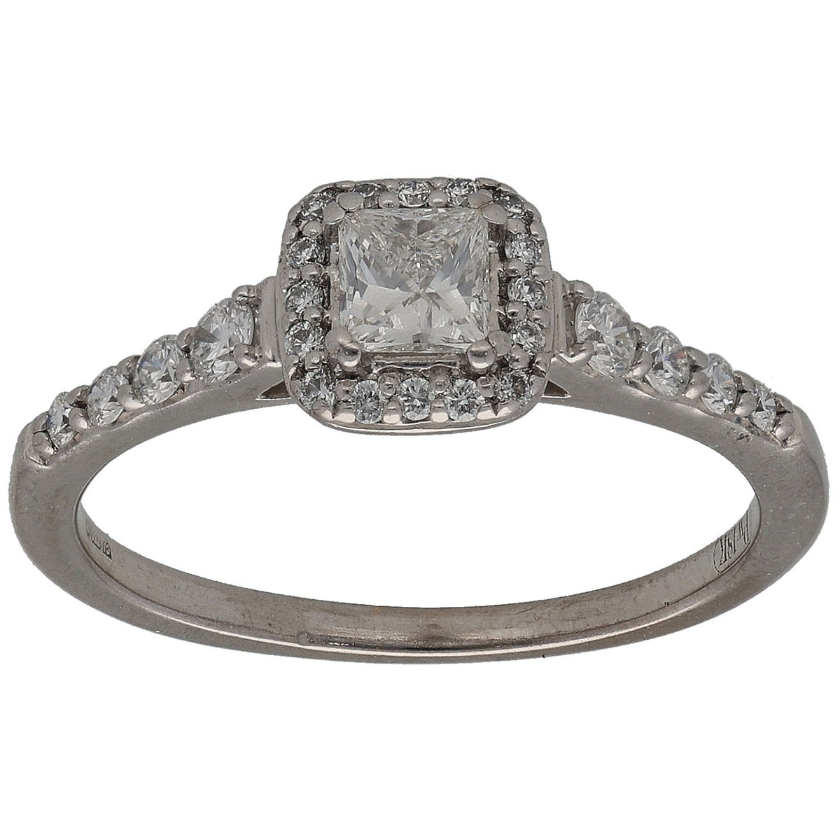 White gold diamond cluster ring with square center stone and halo, round side stones