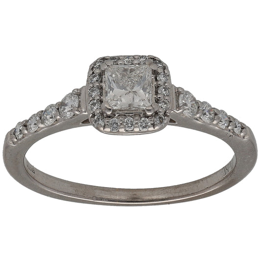 White gold diamond cluster ring with square center stone and halo, round side stones