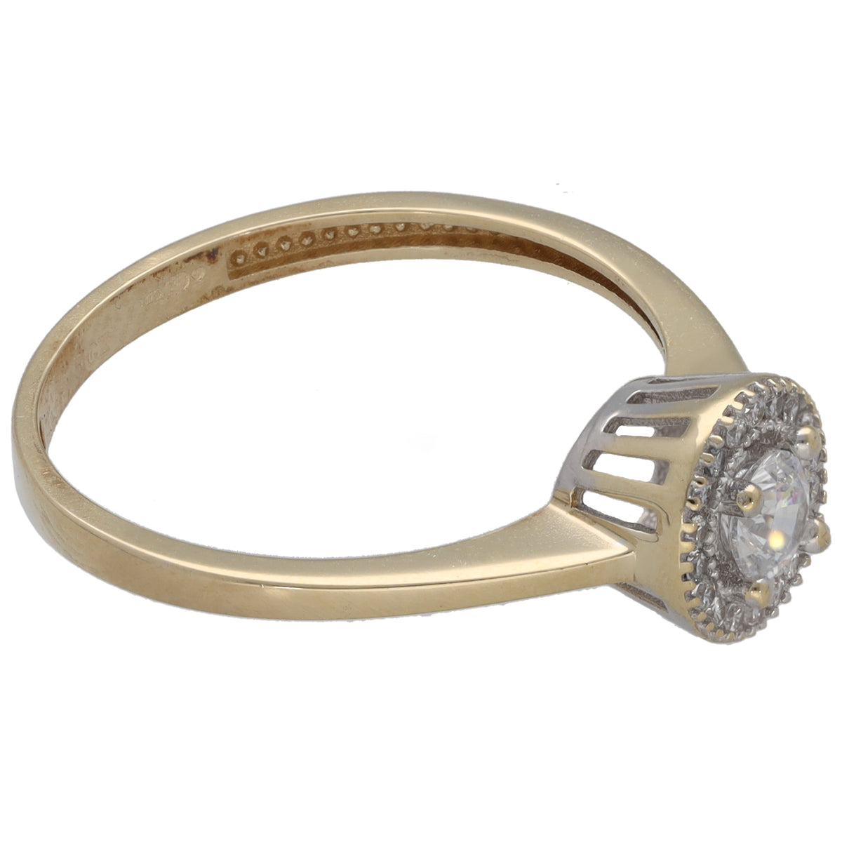 9ct gold CZ cluster ring, side view with round halo and prong-set centerpiece