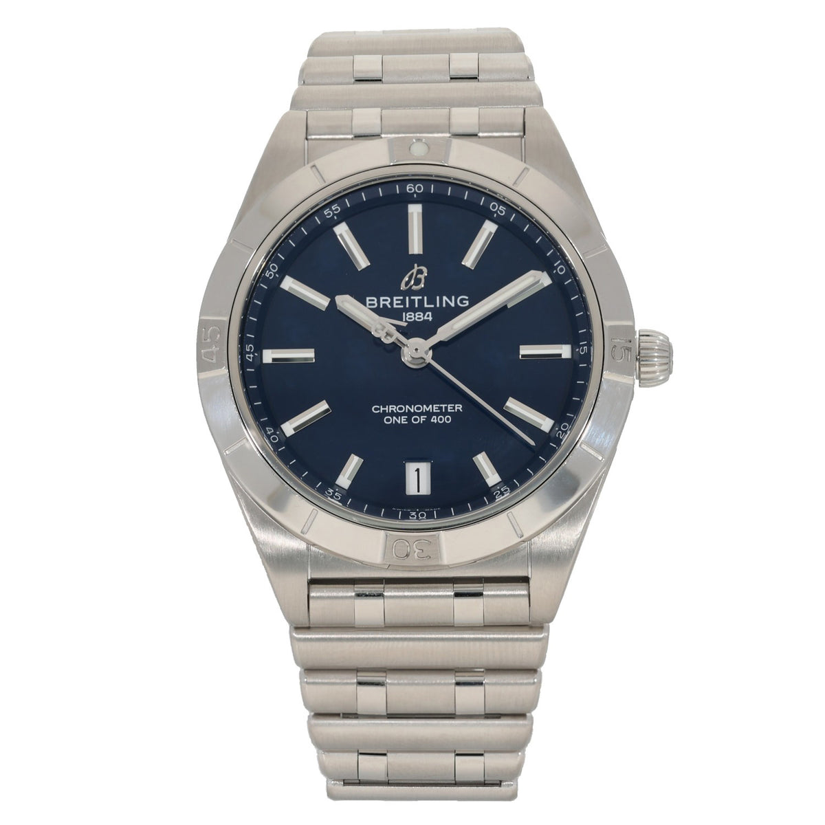 Breitling Chronomat A10380 Stainless steel wristwatch with blue dial and metal link bracelet, silver hands