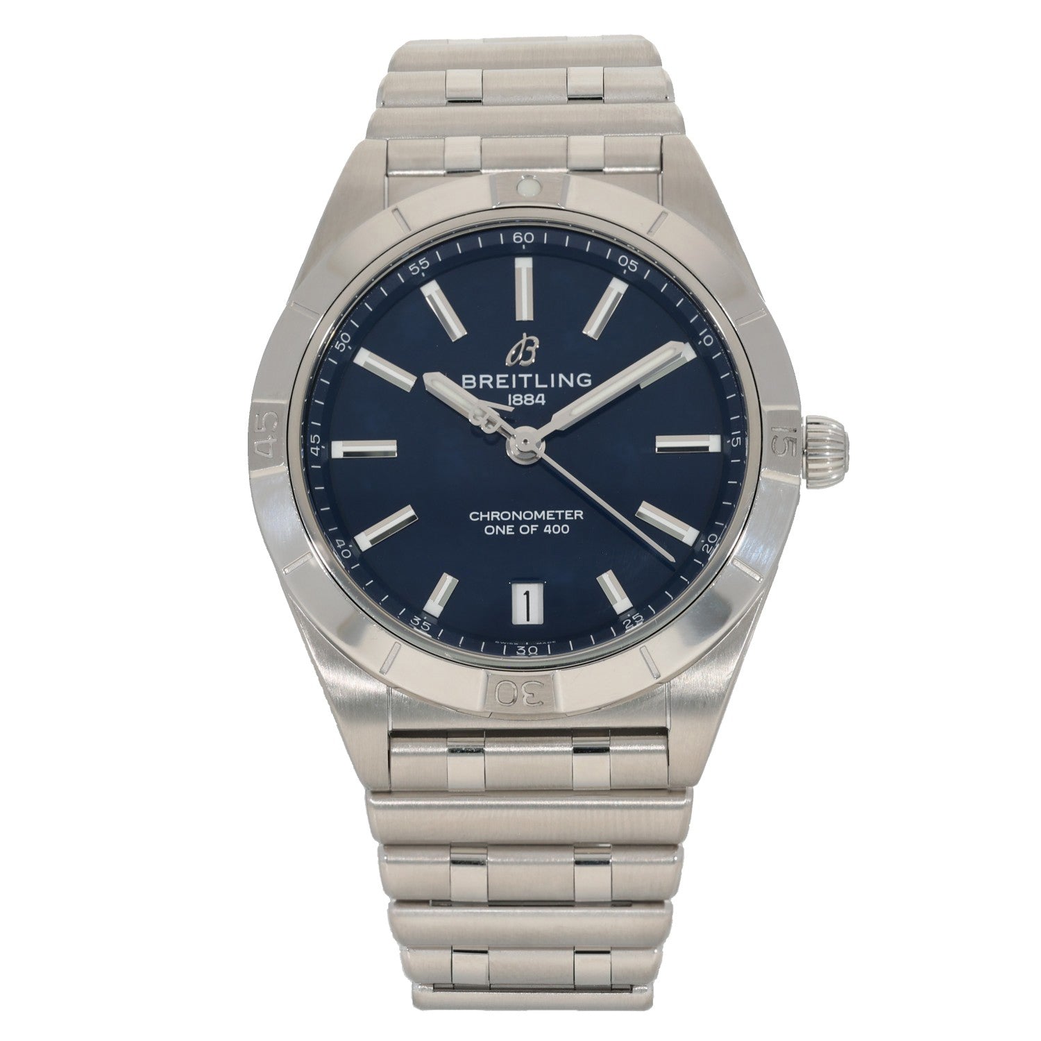 Breitling Chronomat A10380 Stainless steel wristwatch with blue dial and metal link bracelet, silver hands