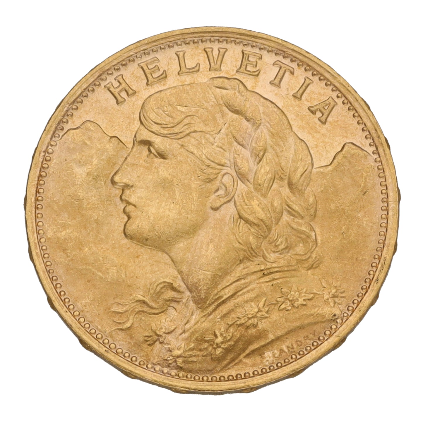 22ct Gold Helvetia Swiss 20 Francs Coin 1927