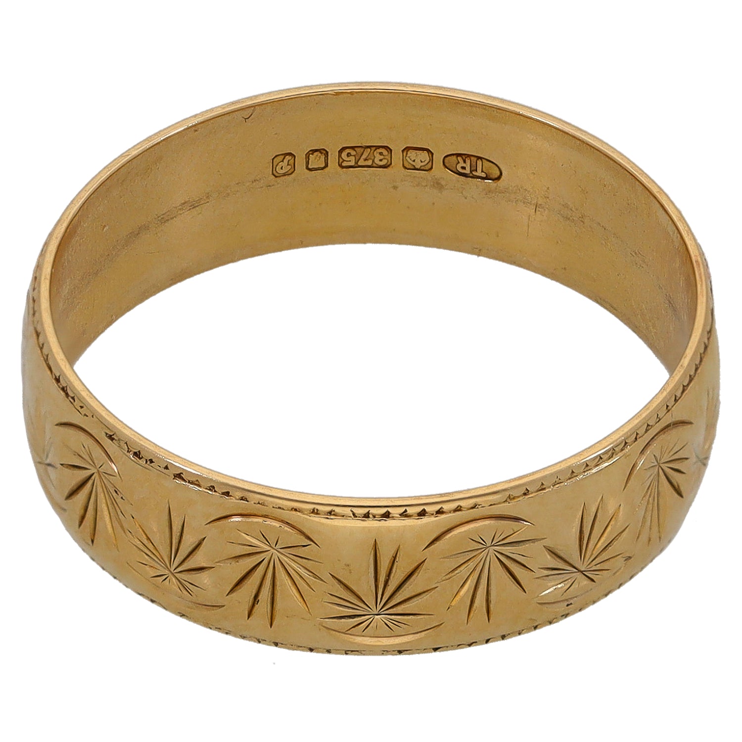9ct gold wedding ring showing inside hallmarks and outer starburst pattern