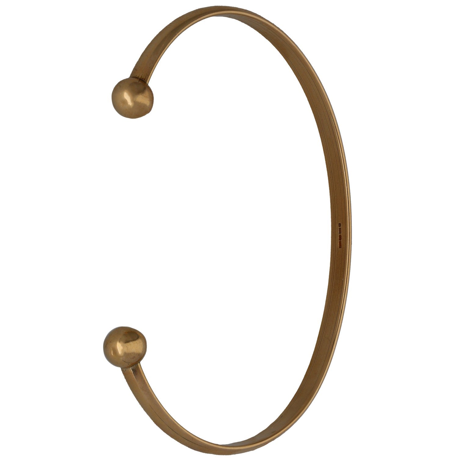 9ct gold torque bangle with open oval shape and two round ball ends