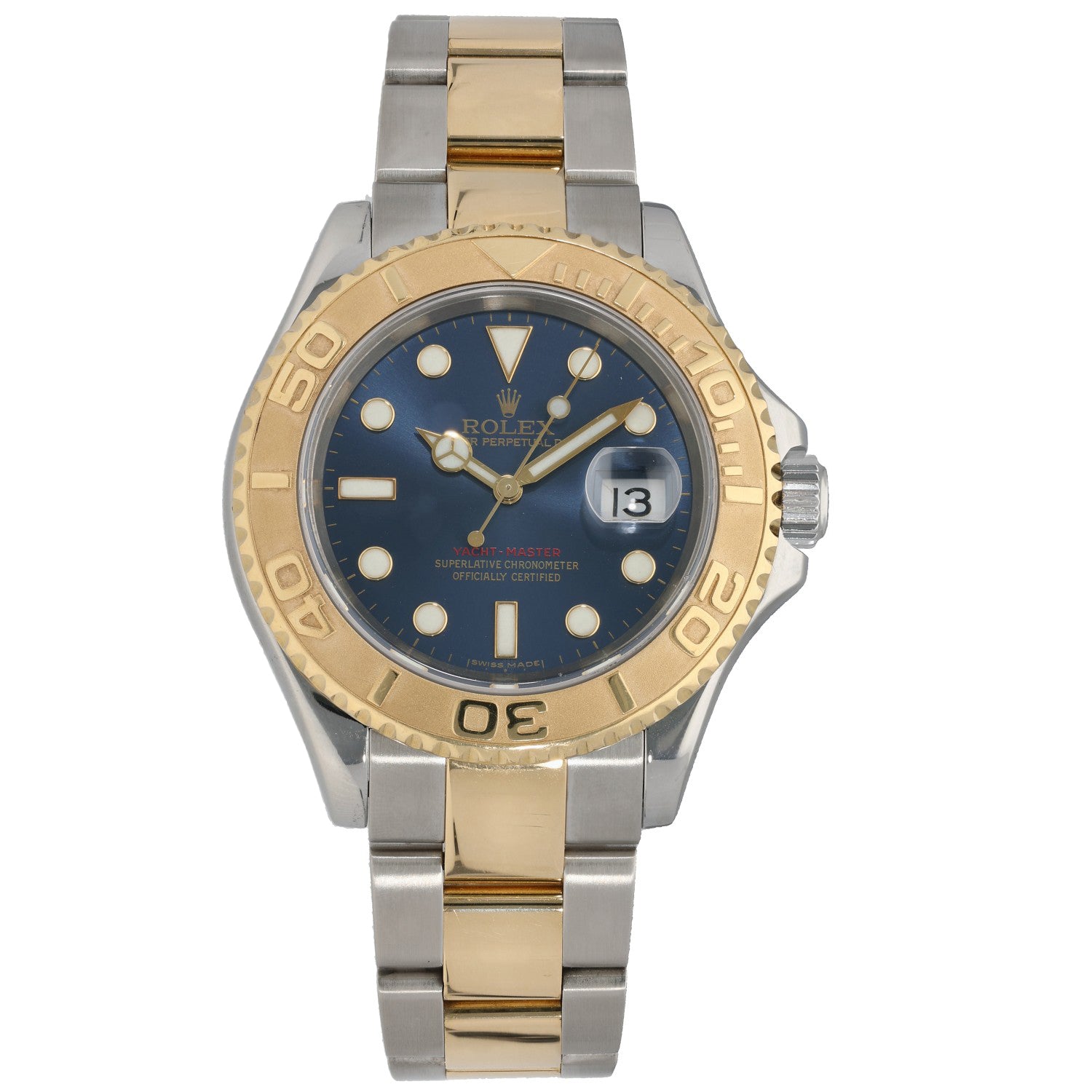 Bi-color Rolex Yacht Master 16623 watch with blue dial, gold bezel, and stainless-steel bracelet