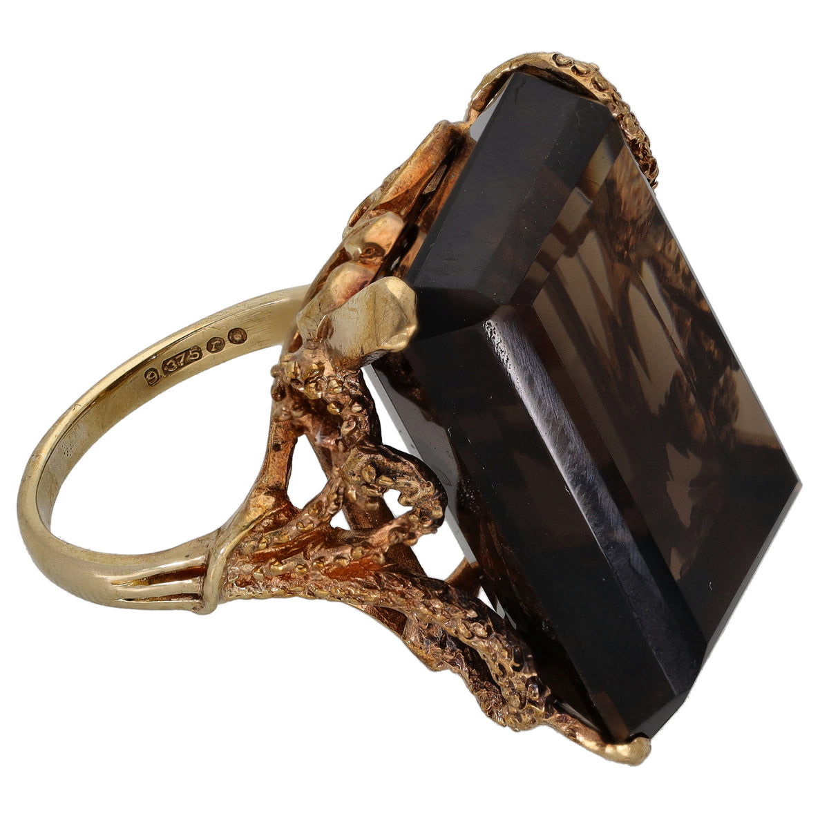 Gold smoky quartz ring, large faceted rectangular stone with filigree side details