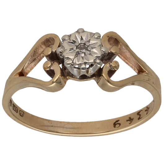 9ct gold round diamond solitaire ring, leaf-style prongs and engraved band
