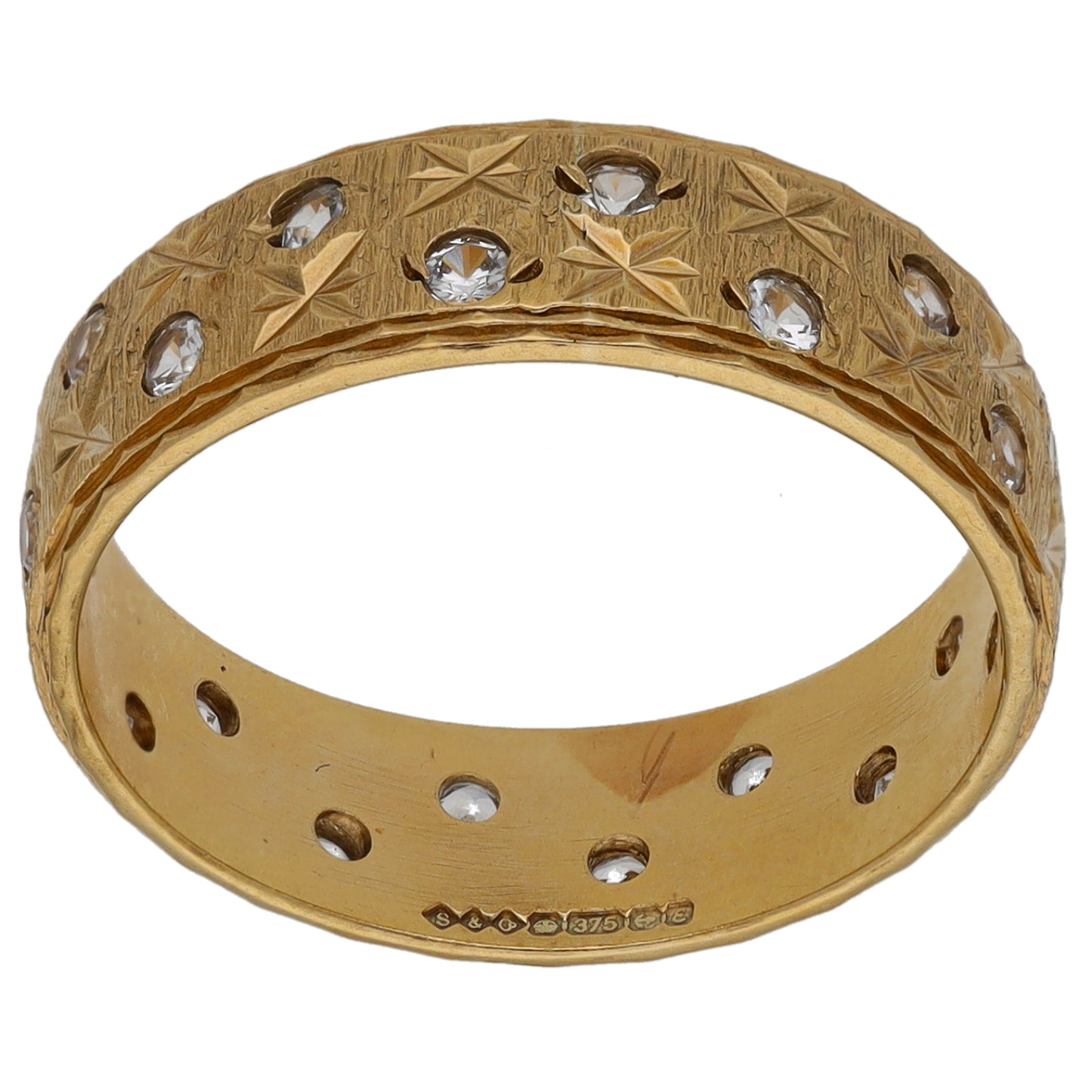 9ct Gold Cubic Zirconia Patterned Wedding Ring Size O