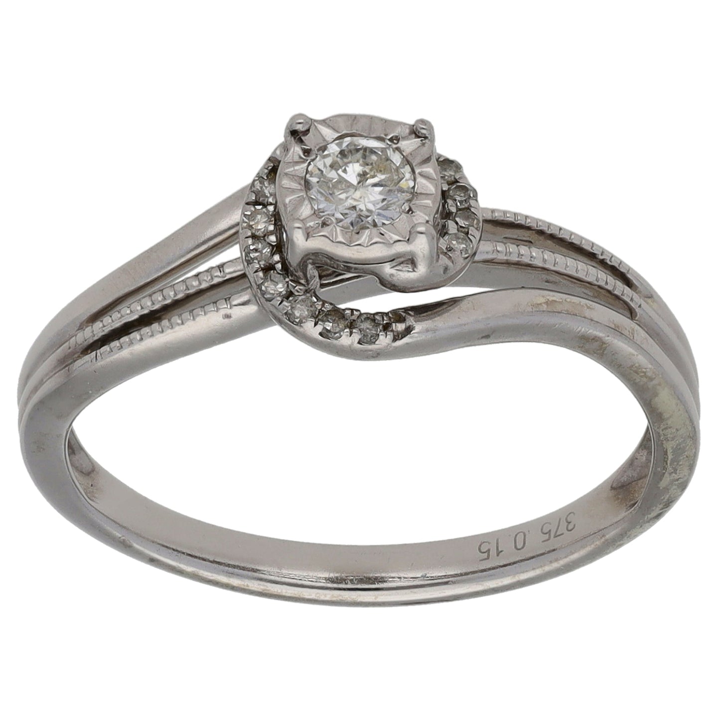 9ct White Gold 0.15ct Diamond Solitaire Ring With Accent Stones Size M
