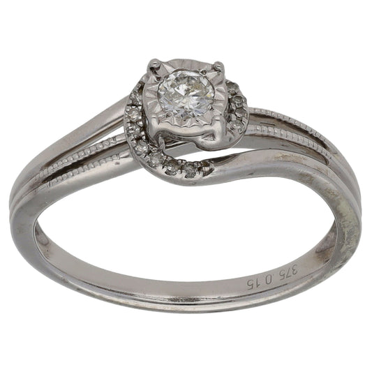 9ct White Gold 0.15ct Diamond Solitaire Ring With Accent Stones Size M