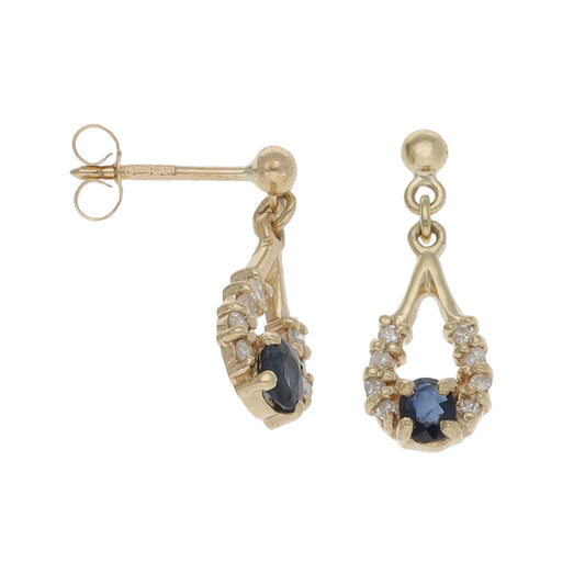 9ct Gold Sapphire & 0.16ct Diamond Drop Earrings