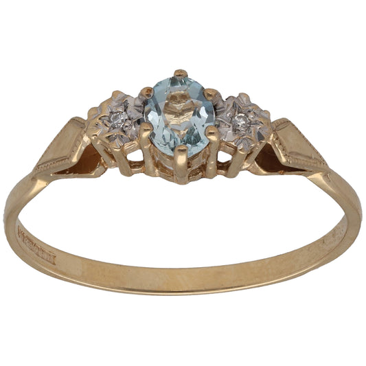 9ct Gold Aquamarine & 0.01ct Diamond Trilogy Ring Size T