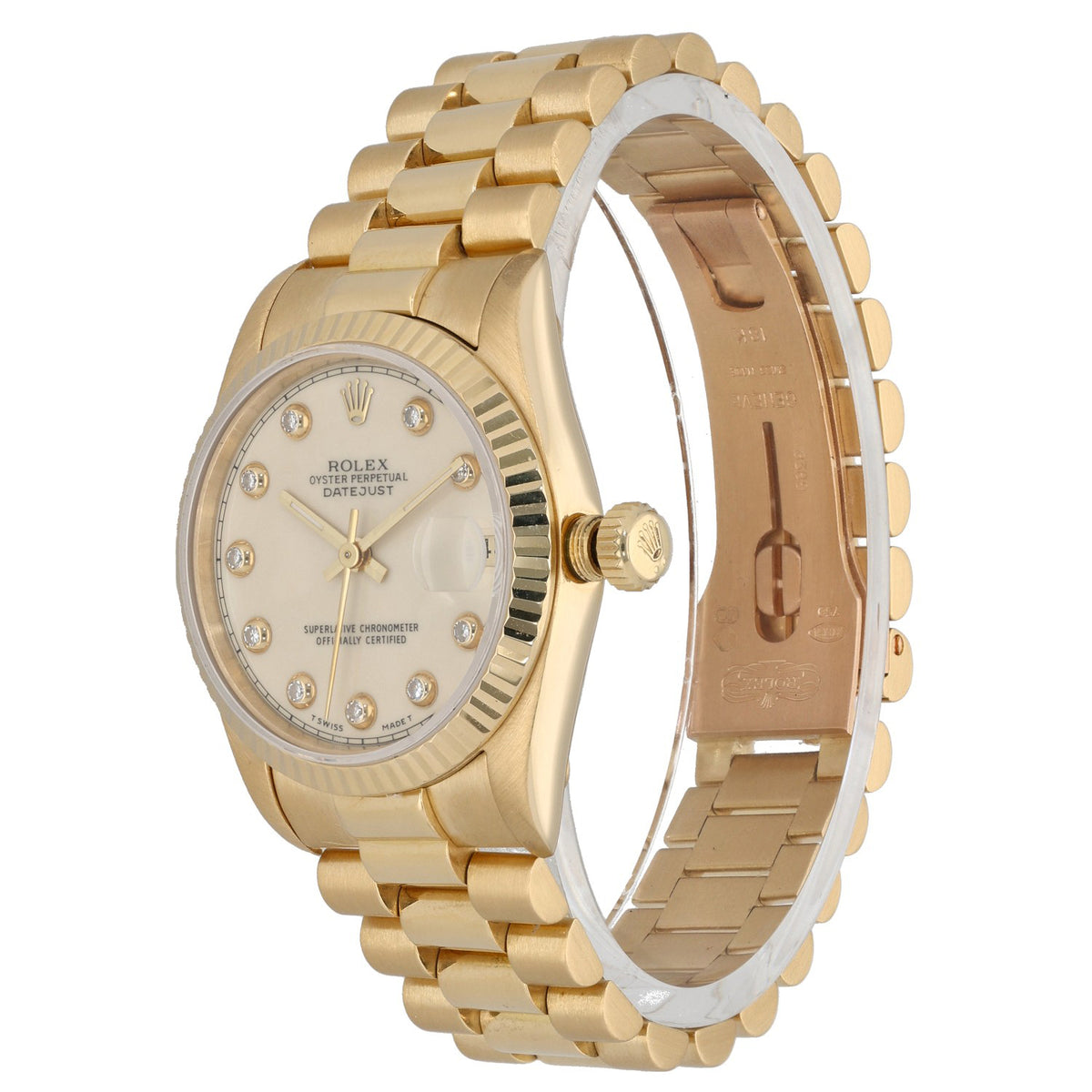 Rolex Datejust 68278, cream dial with diamond hour makers, in 18ct gold case and bracelet, front angle
