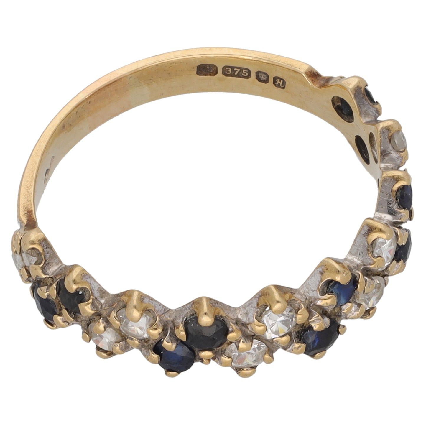 9ct Gold Sapphire & Cubic Zirconia Half Eternity Ring Size O