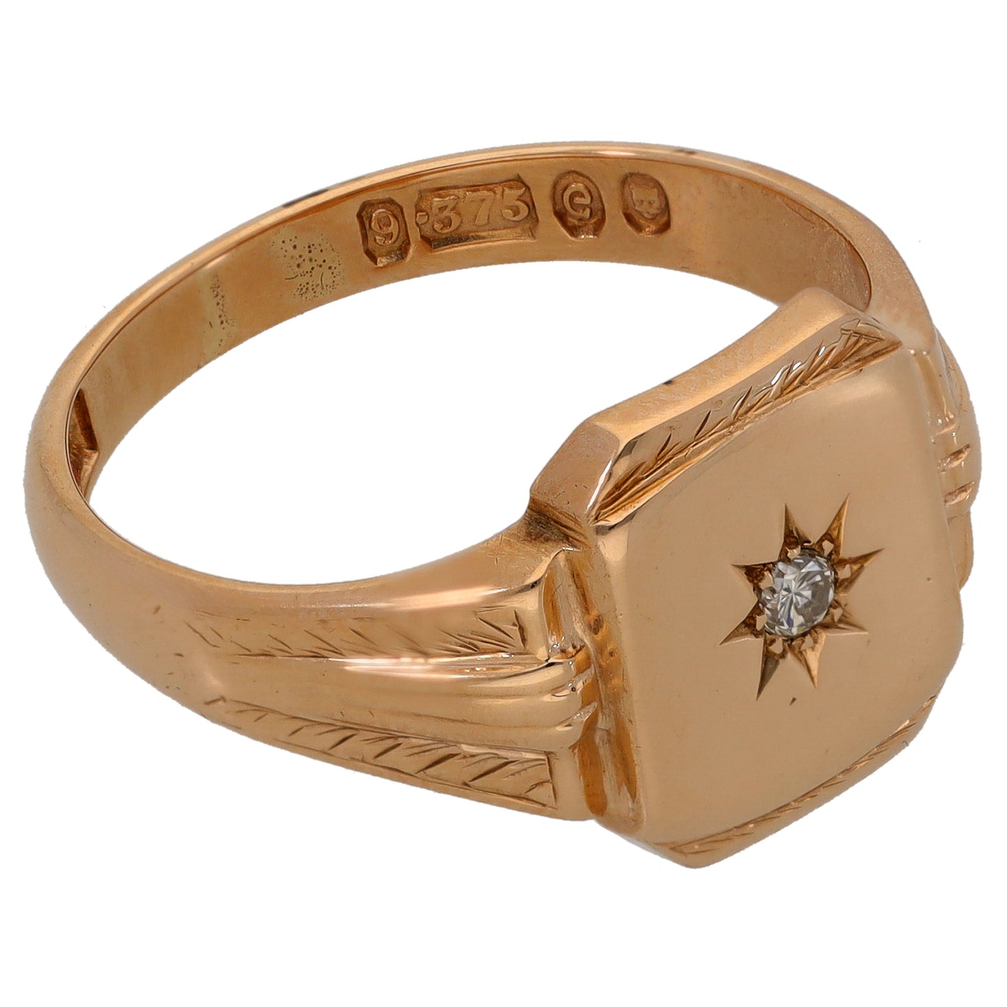 9ct gold signet ring with starburst-set round diamond and engraved pattern band