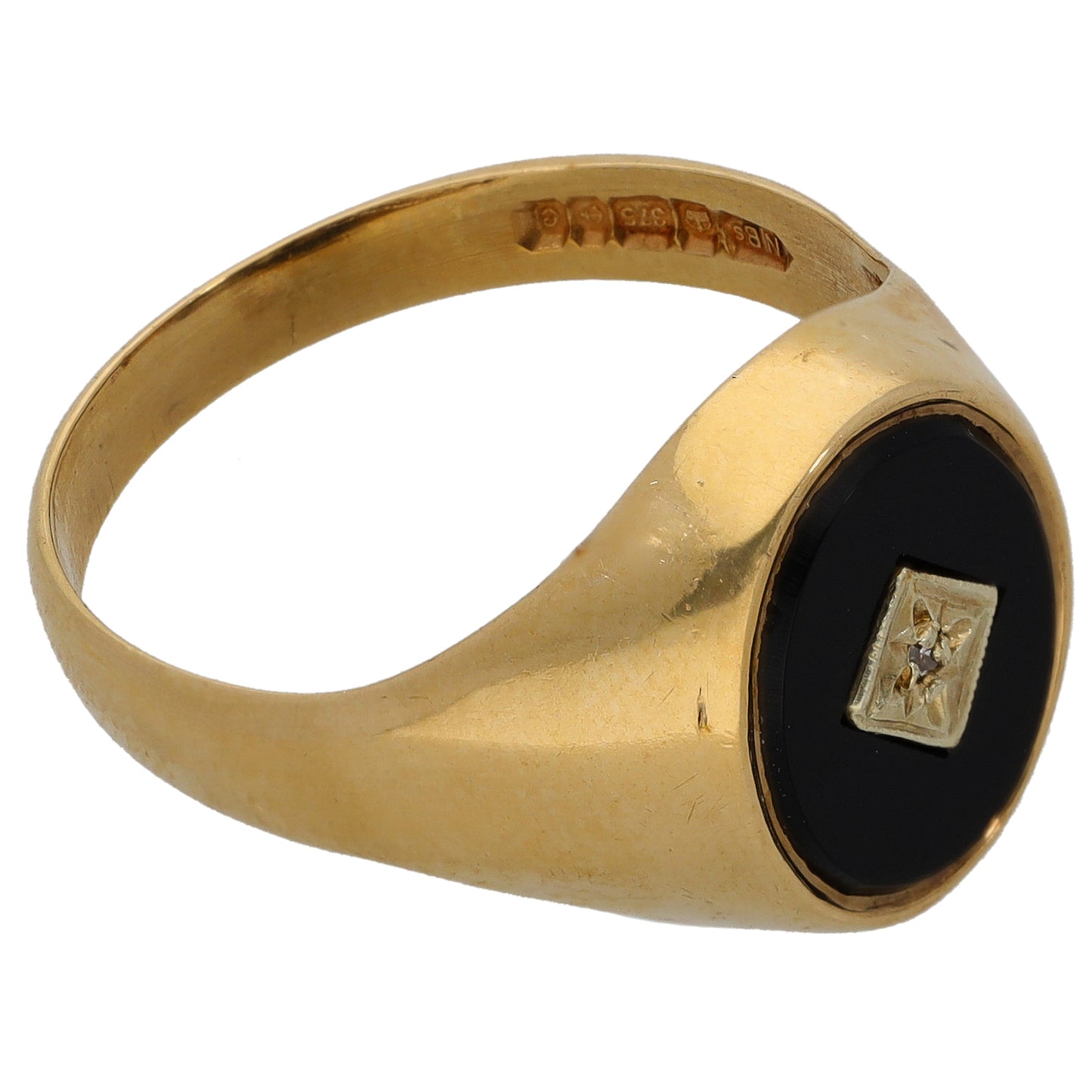 9ct Gold Onyx & 0.005ct Diamond Plain Signet Ring Size V