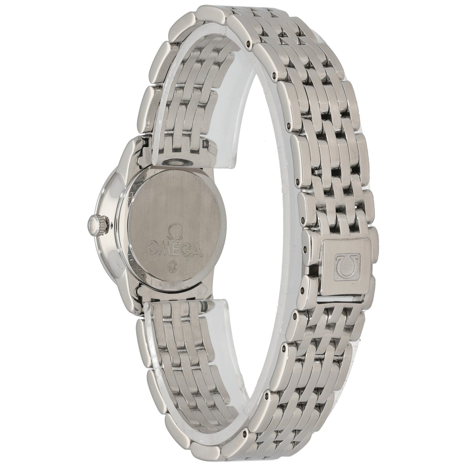 Omega De Ville 424.10.24.60.55.001 stainless steel watch caseback view, metal bracelet links and crown