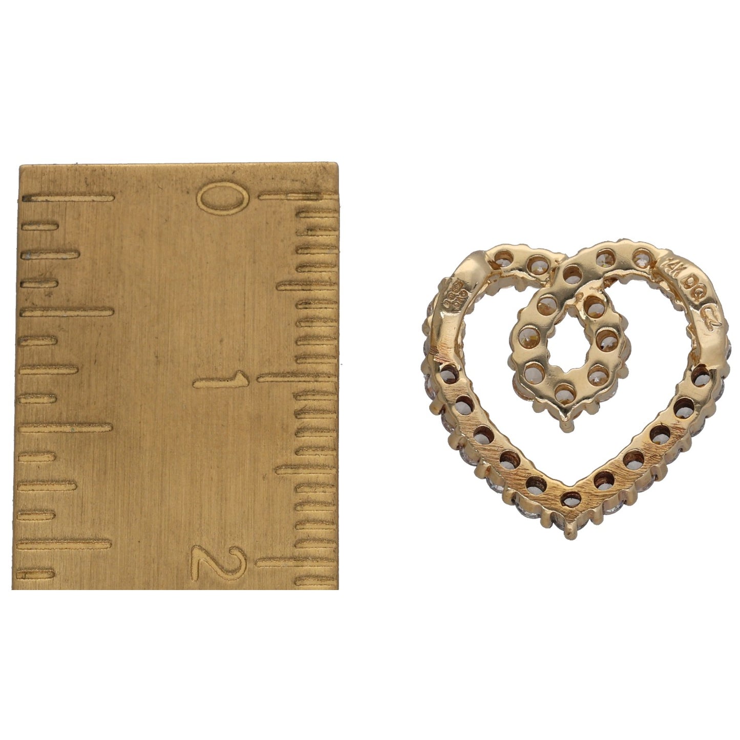 Gold-tone CZ heart pendant back view with textured scalloped edge and stud holes