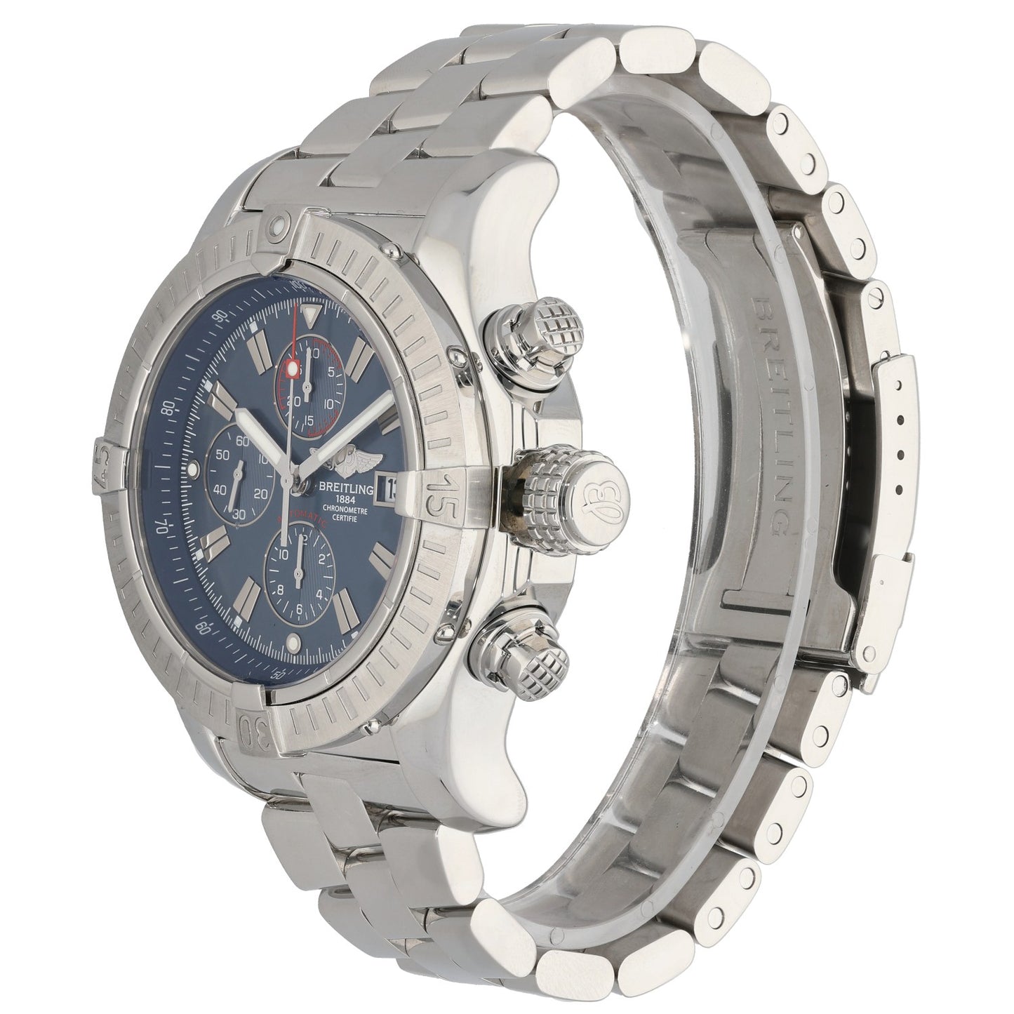 Stainless steel Breitling Super Avenger a13370 wristwatch side view with blue dial and pushers