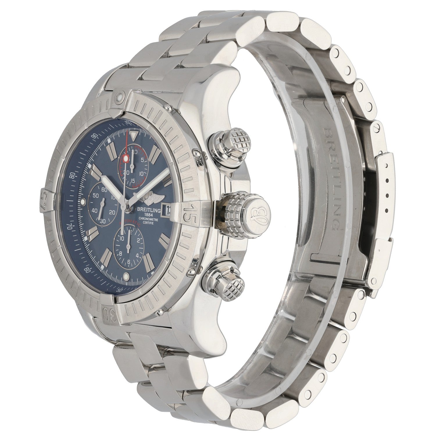 Stainless steel Breitling Super Avenger a13370 wristwatch side view with blue dial and pushers